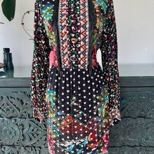 Farm Rio Black Long Sleeve Dress With Silver Embroidered Hearts & Beaded Fringe